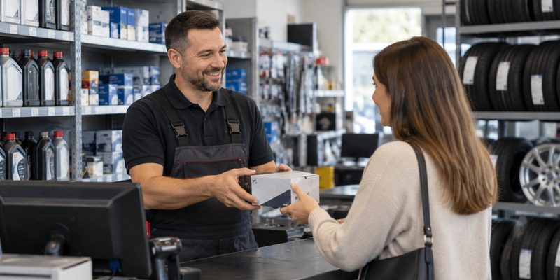 Prodavac u prodavnici autodelova predaje kupovinu kupcu za pultom